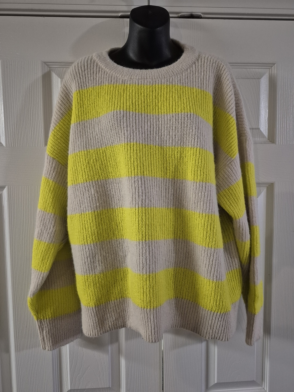 Relaxed Stripe Crewneck Sweater in Cream and Neon Yellow
